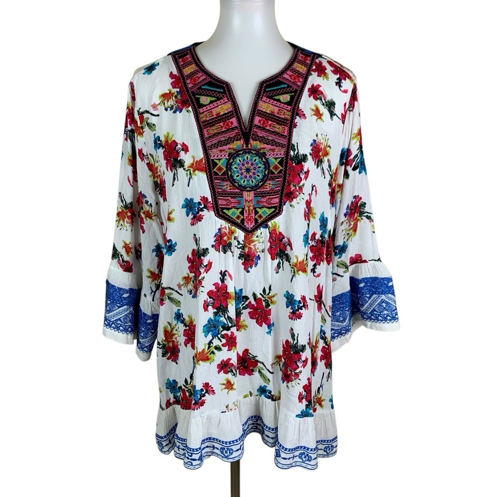 Caleoas Floral Embroidered Boho Tunic Top L Colorful Peasant Blouse